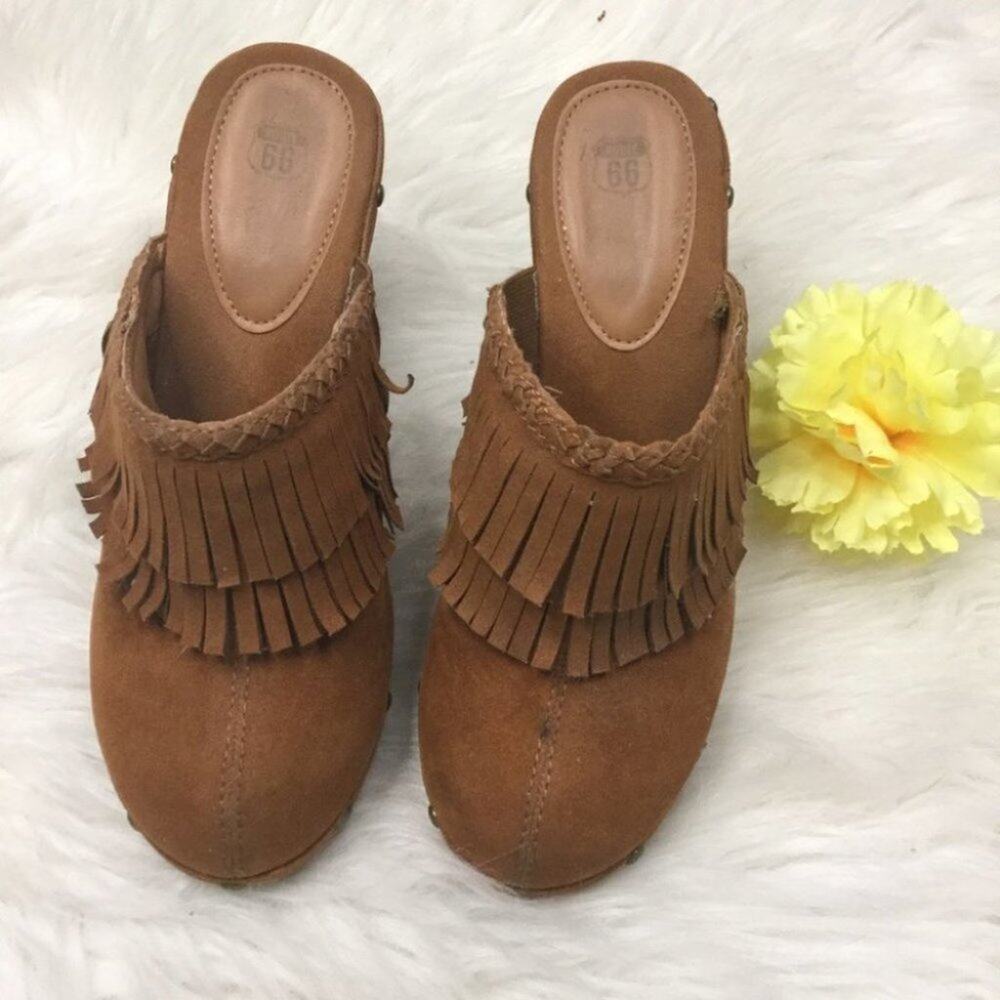 ROUTE 66 Casual Fringe Slip On Mules Brown Boho - Picture 3 of 13